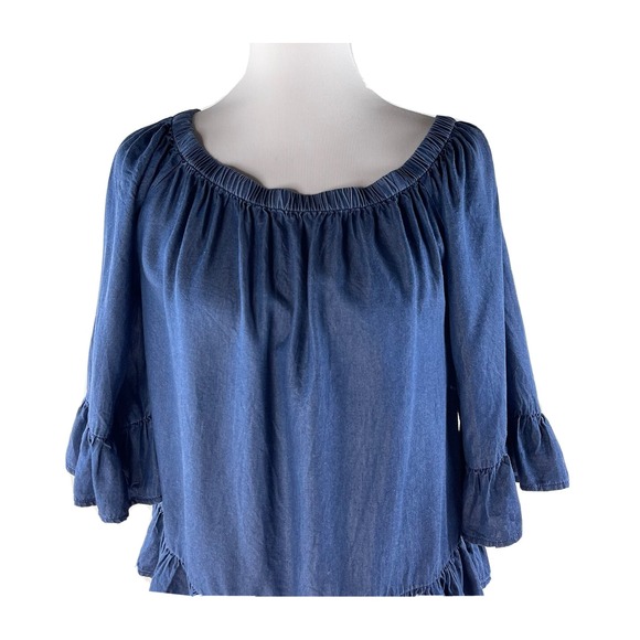 Jane And Delany Blue Denim Off Shoulder High Low 3/4 Bell Sleeve Top Womens M - Picture 3 of 10